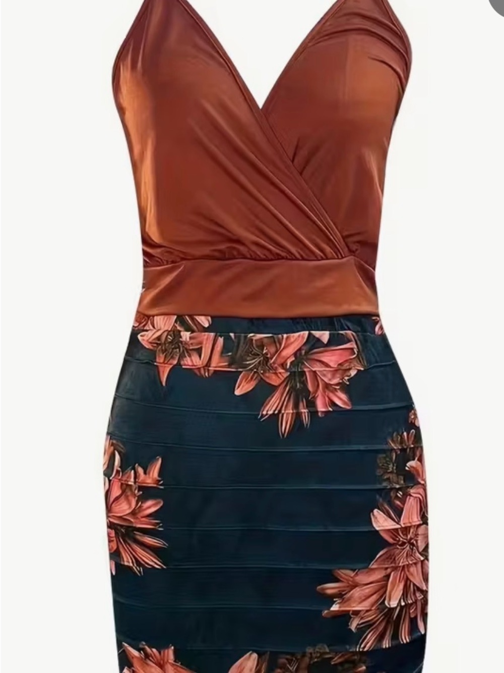 Satin Rust Wrap Bodice Floral Pencil Skirt with Top